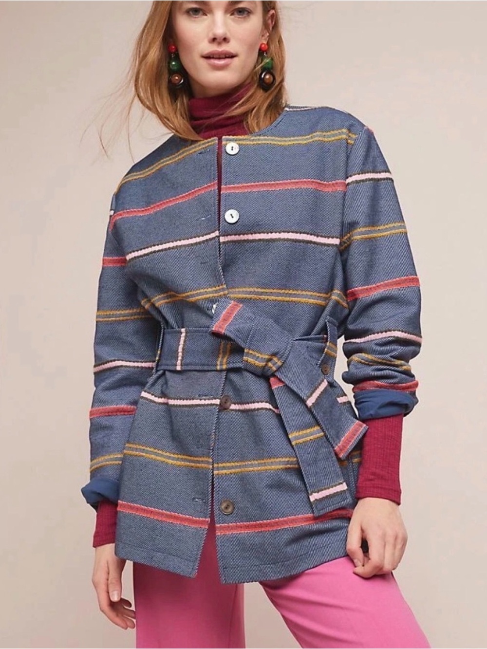 Anthropologie DOLAN Piccadilly Blue Striped Coat Jacket Women's Size Small